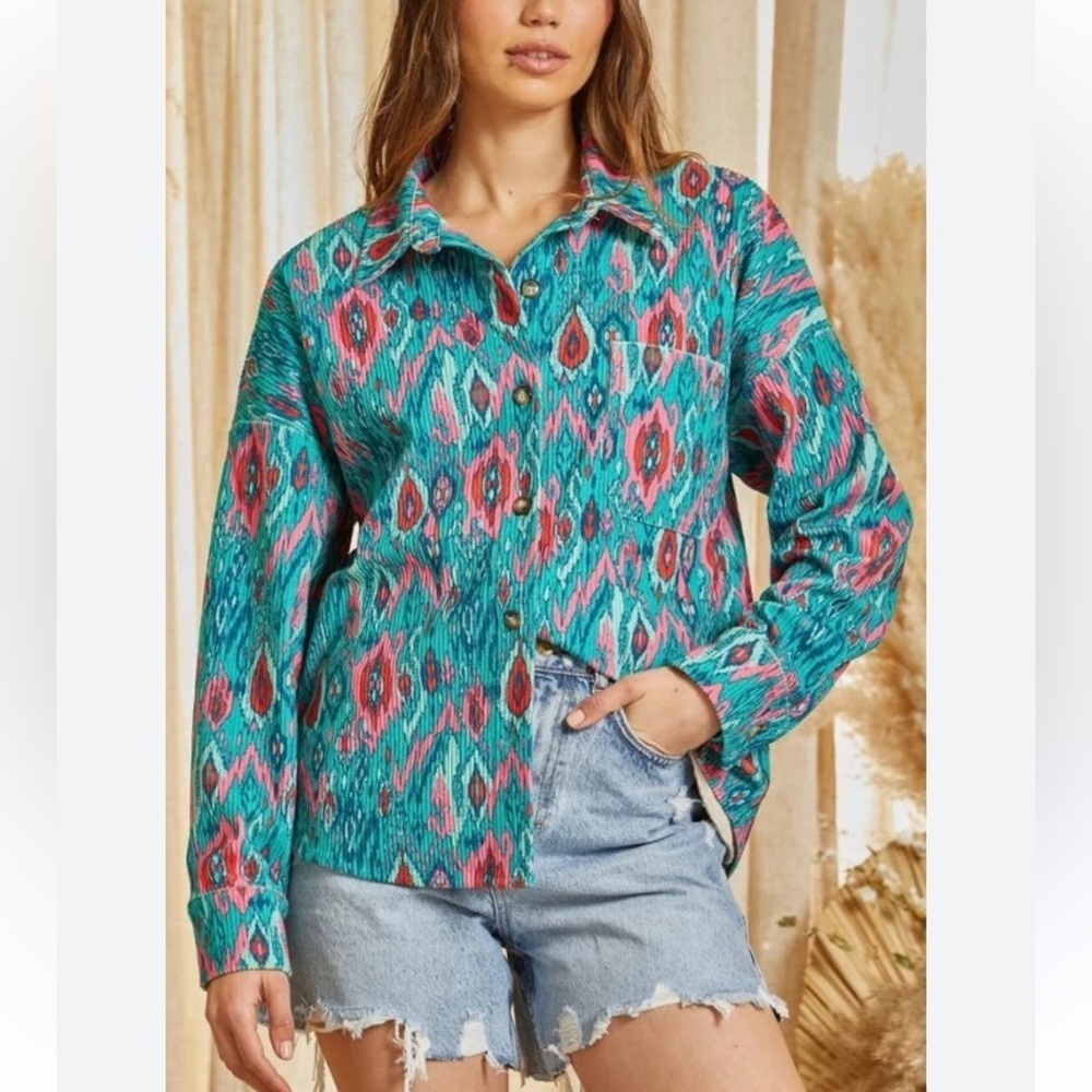 Savanna Jane 1X Turquoise Pink Corduroy Western Aztec Print Shacket Southwestern
